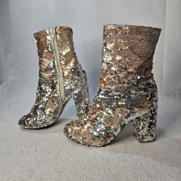 XYD Rose Gold & Silver Sequin Boots Almond Toe Chunk Block Heel Sz 7 - Picture 1 of 5